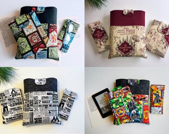 Delux Book Kindle Sleeve with Closure. Padded, Pockets. Glasses, Tablet Travel Case. Custom Birthday Christmas Gift Set. Magic Wizards Fan