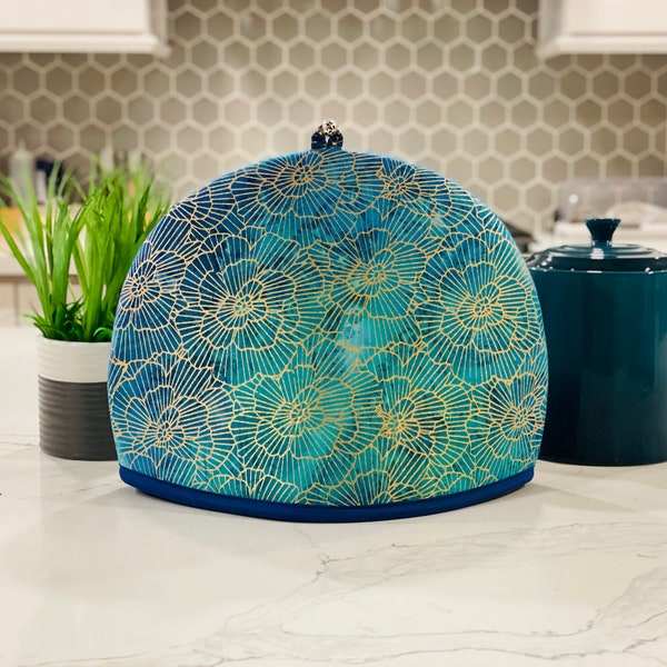 RTS Batik Teal Blue Gold Flowers. Classic Tea Cosy. Teapot Warmer. Insulated. Padded Cozy Covers. Coasters, Potholders. Custom Size.