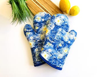 Ready to Ship. Starry Night Blue Yellow Swirls. Oven Mitts, Potholders, Pot Handle Cover Gift Sets. Thick Quilted.