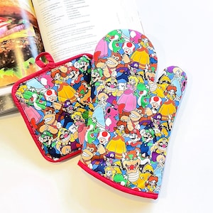 Donkey Mario Princess Gamer Fans. Oven Mitt Potholder Set, Skillet Handle Cover. Gift Sets. Extra Thick Quilted Handmade.