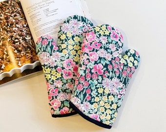 Modern Monet. Pink, Yellow Floral. Oven Mitts, Potholders, Pot Handle Cover Gift Sets. Extra Thick Quilted Handmade.