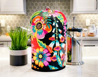 Ready to Ship. Bright Floral on Black. Coffee Cosy. Bodum Press Warmer. Foam Padded Cozy Covers. Heat Insulated. Silver Charm.