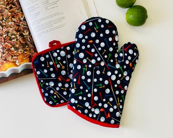 Ready to Ship. Golfing Bag Tees. Oven Mitts, Potholders, Pot Handle Cover Gift Sets. Extra Thick Quilted.