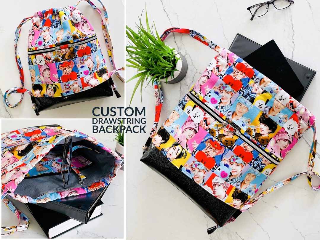 Custom Drawstring Backpack With Zipper Pockets. Carry All Bag. Begonia