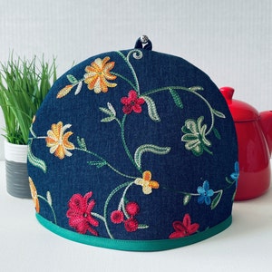 RTS Denim Embroidered Floral Tea Cosy. Teapot Warmer. Heat Insulated. Padded Cozy Covers. Silver Charm. Handmade