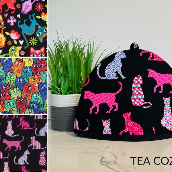 Cat Kittens Tea Cosy. Insulated Classic, Teapot Cozy Warmer. Padded Covers.  Silver Charm.  Washable Cotton. Handmade.