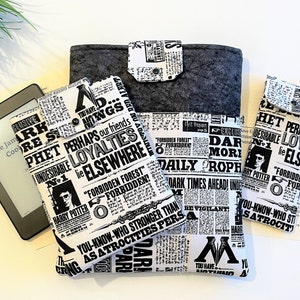 Newsprint. Padded Book Sleeve Closure, Pockets. Kindle Sleeve, Tablet Case. Glasses Case. Birthday Christmas Gift. Black White.