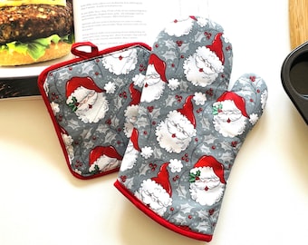 Ready to Ship. Classic Vintage Santa Claus. Holiday Christmas. Oven Mitt Gift Set, Potholders. Extra Thick Quilted.