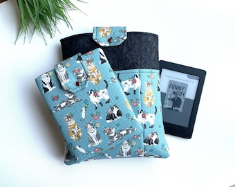 RTS. Teal Dotted Cats. Delux Book Kindle Sleeve with Closure. Padded, Pockets. Tablet Travel Case. Birthday Christmas. Cats Kitten Pets