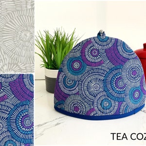 Spiral. Custom Tea Cosies. Teapot Warmer. Heat Insulated. Padded Cozy Covers. Jewel Charm. Cotton. Handmade. Navy White Purple