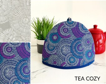 Spiral. Custom Tea Cosies. Teapot Warmer. Heat Insulated. Padded Cozy Covers. Jewel Charm. Cotton. Handmade. Navy White Purple