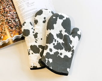 Cow Spot Print Black Beige. Oven Mitt Gift Set, PotHolder. Extra Thick Quilted Handmade. Hostess, Birthday, Gifts.