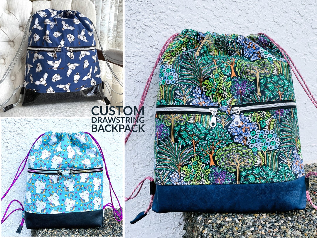 Custom Drawstring Backpack With Zipper Pockets. Carry All Bag. Begonia