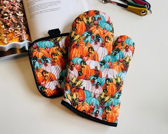 Ready to Ship. Teal Pumpkins Fall Thanksgiving. Oven Mitts and Potholders Gift Set - Kitchen Decor - Housewarming, Holiday Gift