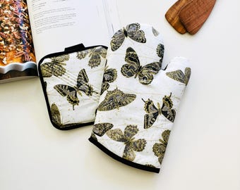 Ready to Ship. Cream Butterflies Butterfly. Oven Mitt, Potholder. Pot Handle Cover. Gift Sets. Thick Quilted.