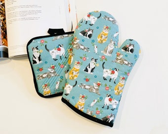 Teal Dotted Cats Kittens. Oven Mitts, Potholders, Pot Handle Cover Sets. Thick Quilted. Gift Sets.