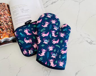Ready to Ship. Pink Axolotl. Oven Mitts, Potholders Handle Gift Sets.  Thick Quilted.