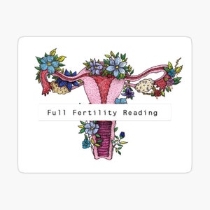 May include: A stylized illustration of a uterus adorned with colorful flowers. The image features the text "Full Fertility Reading" on a white banner, set against a white background. The artwork is detailed with a hand-drawn aesthetic.