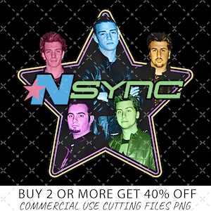 Op de afbeelding: Een neonster met het woord "NSYNC" in blauw, groen en roze. Vijf mannen zijn afgebeeld in de ster, elk met een andere gekleurde achtergrond. De mannen dragen casual kleding.