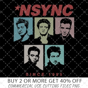 May include: A digital download of five silhouette images of the members of the boy band *NSYNC. The images are in a retro style with a black background and colored squares around each image. The text *NSYNC is in red and the text SINCE 1995 is in black. The text BUY 2 OR MORE GET 40% OFF COMMERCIAL USE CUTTING FILES PNG is at the bottom of the image.