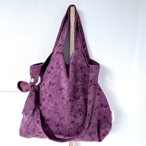 Tote Bag Floral Pattern | Handmade Shoulder Bag Reusable Handbag for Her | Purple Roses Shopping Bag Gift