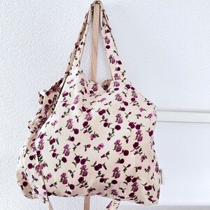Tote Bag Tragetasche Boho Beige Floral | Handgemachte Damen Schultertasche Wiederverwendbar für Sie | Lila Rosen Einkaufstasche Geschenk