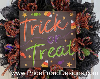 Halloween Wreath Candy Corn Tubular Wreath Witch Trick or Treat Handmade Home Decor Front Door Pumpkin