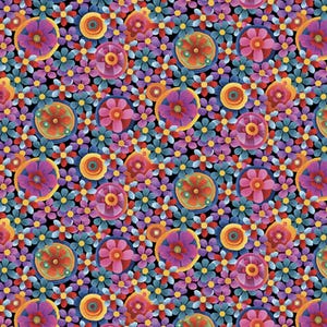 May include: A vibrant floral pattern featuring a dense arrangement of colorful flowers. The design includes large, circular flowers in shades of pink, purple, and orange, interspersed with smaller blue and purple blossoms on a black background.