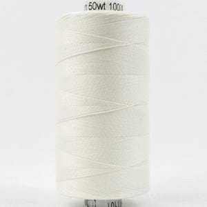 May include: A spool of off-white sewing thread. The thread is tightly wound around a cylindrical core. The top of the spool has the text "50wt 100m". The thread appears smooth and is suitable for various sewing projects.