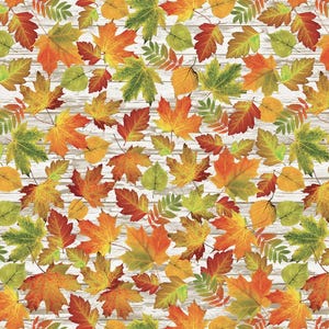 May include: A repeating pattern of autumn leaves in shades of red, orange, yellow, and green. The leaves are scattered across a white, weathered wood-grain background, creating a seasonal, nature-inspired design.