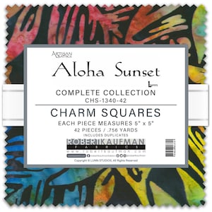 May include: A fabric charm square collection titled "Aloha Sunset" with a colorful batik design. Each square measures 5" x 5". The collection includes 42 pieces and is from Robert Kaufman Fabrics.