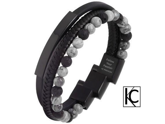Men’s Lava Rock Bead Leather Bracelet Black Grey Jasper Stone KC Premium Engraved Adjustable Magnetic Clasp Gift Stainless Steel Handmade