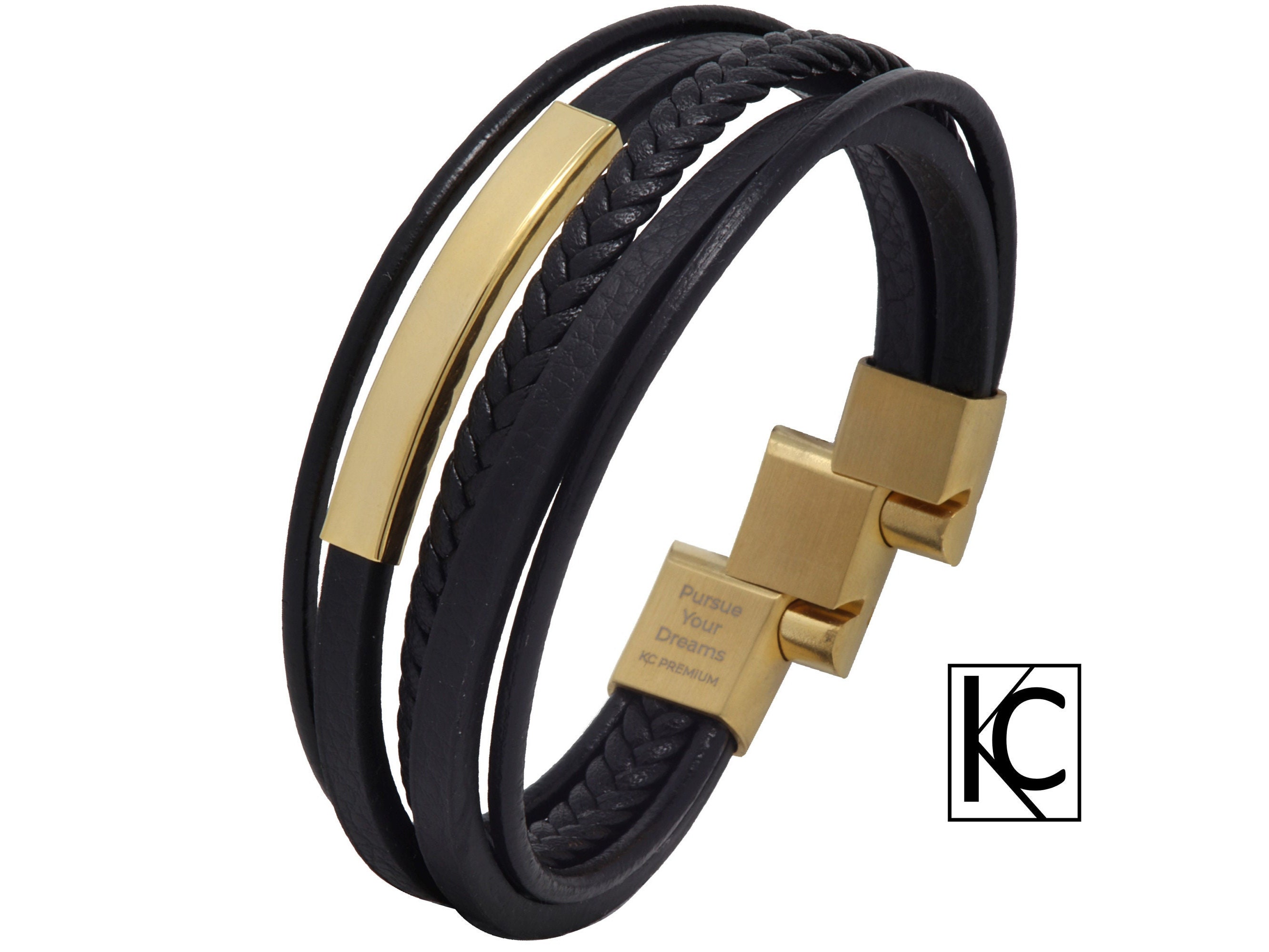 Men's Leather Bracelet Gold Black Adjustable Length
