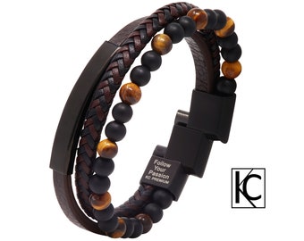 Men’s Tiger-Eye Bead Leather Bracelet Brown Black KC Premium Inspirational Engraved Adjustable Magnetic Clasp Stainless Steel Handmade Gift