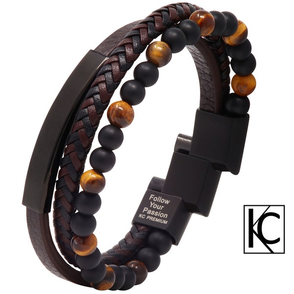 Men’s Tiger-Eye Bead Leather Bracelet Brown Black KC Premium Inspirational Engraved Adjustable Magnetic Clasp Stainless Steel Handmade Gift