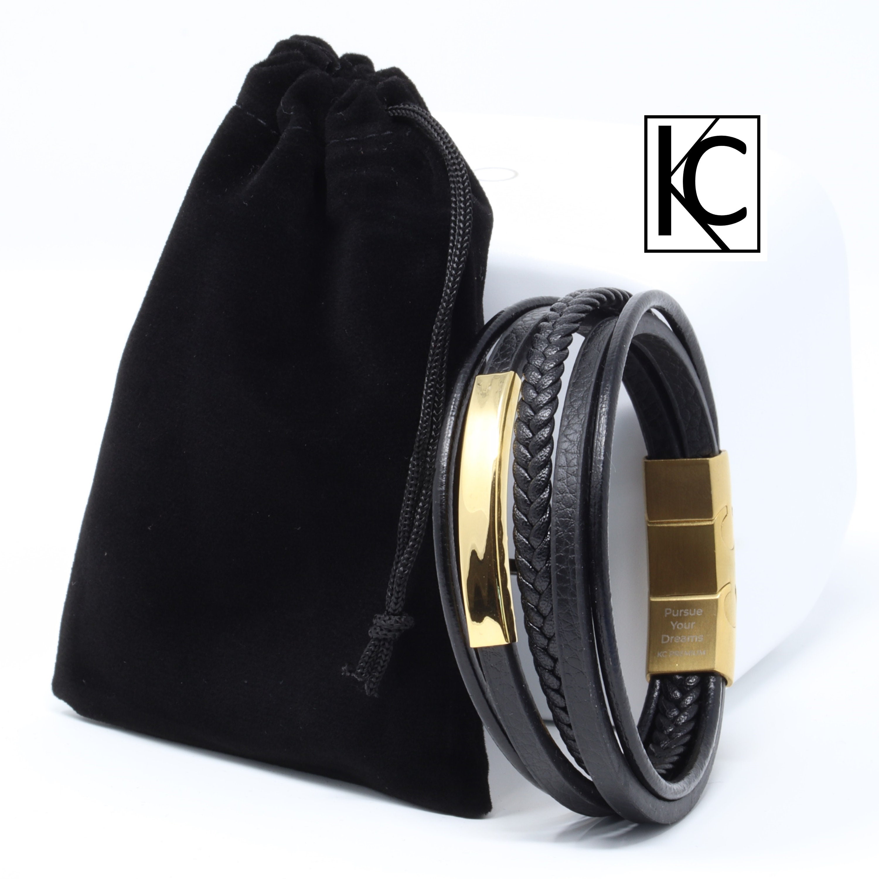 Mens Leather Bracelet Gold Black Adjustable Length 