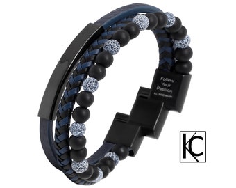 Bracelet en cuir de perles d'agate bleue pour homme, noir, onyx KC premium, pierre de lave, fermoir magnétique réglable gravé en acier, cadeau fait main pour lui