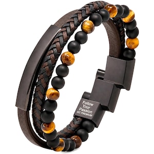 Men’s Tiger-Eye Bead Leather Bracelet Brown Black KC Premium Inspirational Engraved Adjustable Magnetic Clasp Stainless Steel Handmade Gift