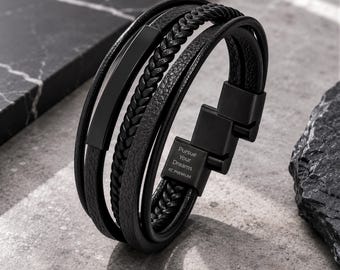 Men’s Leather Bracelet, Black Stainless Steel, Magnetic Clasp Modern Jewelry for Men, Adjustable Wristband, Gift for Him Boyfriend Husband