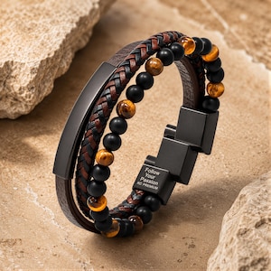 Tiger Eye & Black Onyx Leather Bracelet for Men, Brown Beads, Beaded Jewelry, Birthday Gift Husband Boyfriend Dad Son, Adjustable Size