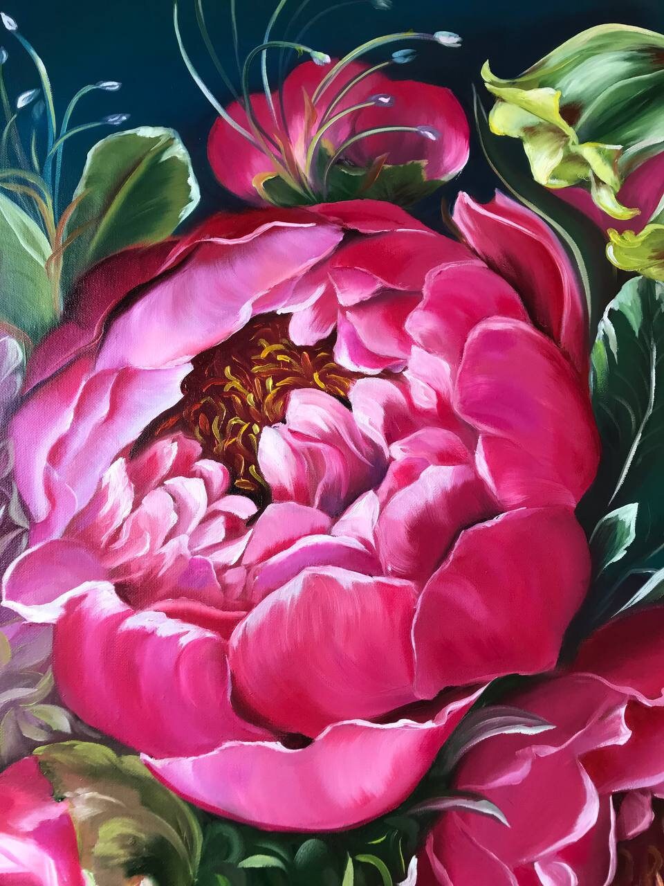 Dark Pink Peony Oil Painting, Wall Art, Flower Home Decor, Floral ...