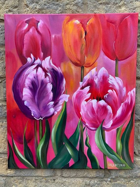 Tulpen Ölgemälde, Wandkunst, Blumen Wohnkultur, Blumen botanische Malerei,  Tulpe Großes Gemälde, Blumenkunst, Moderne Kunst, Schöne Blumen | Kunstblumen