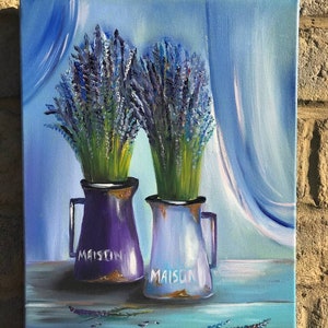 Oil painting &quot;Lavender in a blue metal jug&quot;