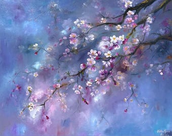 Olieverfschilderij boombloesem, lente boombloesem, sakurabloesems, kunst aan de muur, decor bloemen, bloemenbotanisch schilderij, kersenbloesems