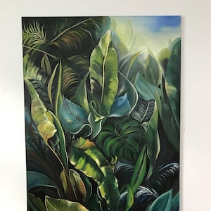 Green tropical leaves, banana leaves, Home decor, Wall art, living room, Modern art, Beautiful leaves, Large Oil painting, Oil on canvas
