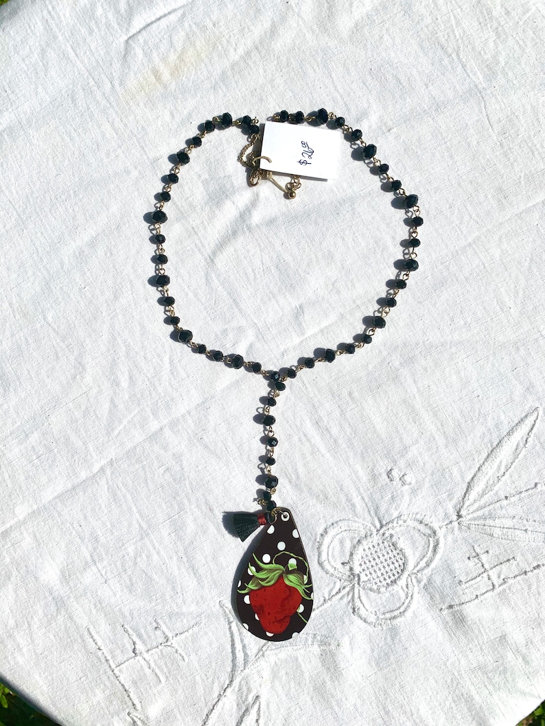 Strawberry Pendant Necklace Strawberry Rosary Style Necklace Black Beaded Strawberry Necklace