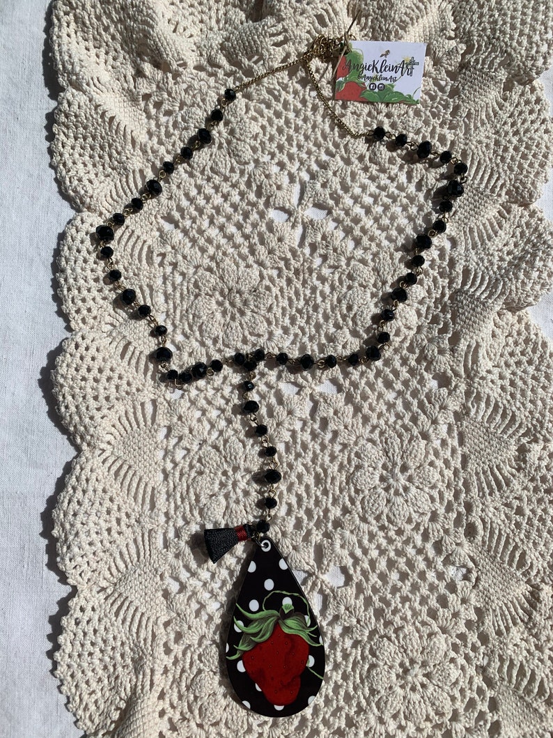 Strawberry Pendant Necklace Strawberry Rosary Style Necklace Black Beaded Strawberry Necklace