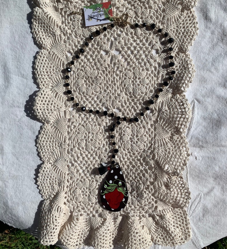 Strawberry Pendant Necklace Strawberry Rosary Style Necklace Black Beaded Strawberry Necklace