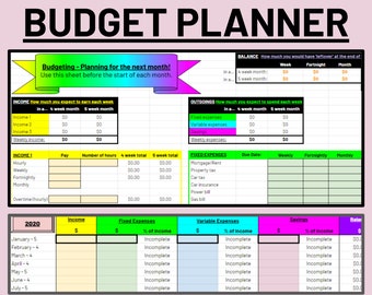 May include: A printable budget planner worksheet with a pink, green, and yellow color scheme. The worksheet includes sections for income, expenses, and savings. It also includes a section for tracking weekly, fortnightly, and monthly totals.