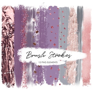 Purple and Rose gold Watercolor Brush Strokes Splashes, Clip Art, Hand Painted, glitter, Planner Stickers, confetti, digital download